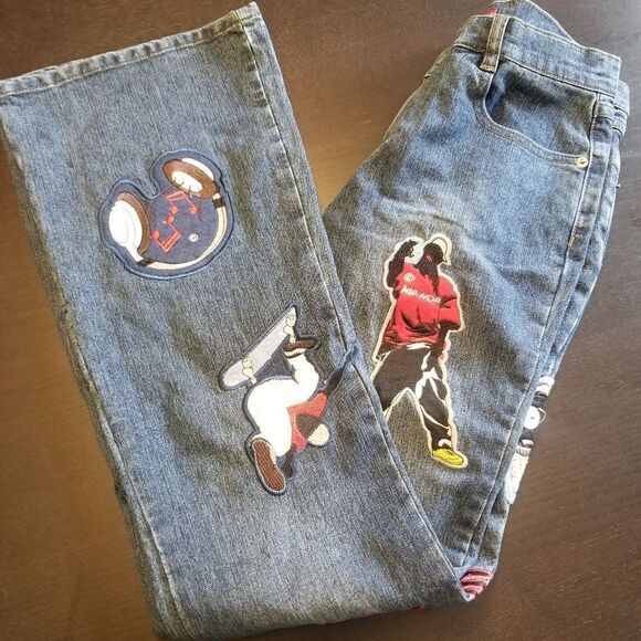 VINTAGE LE MORE WOMENS HIP HOP JEANS WITH PATCHES EVERYWHERE SIZE 7. B12 - Picture 1 of 10